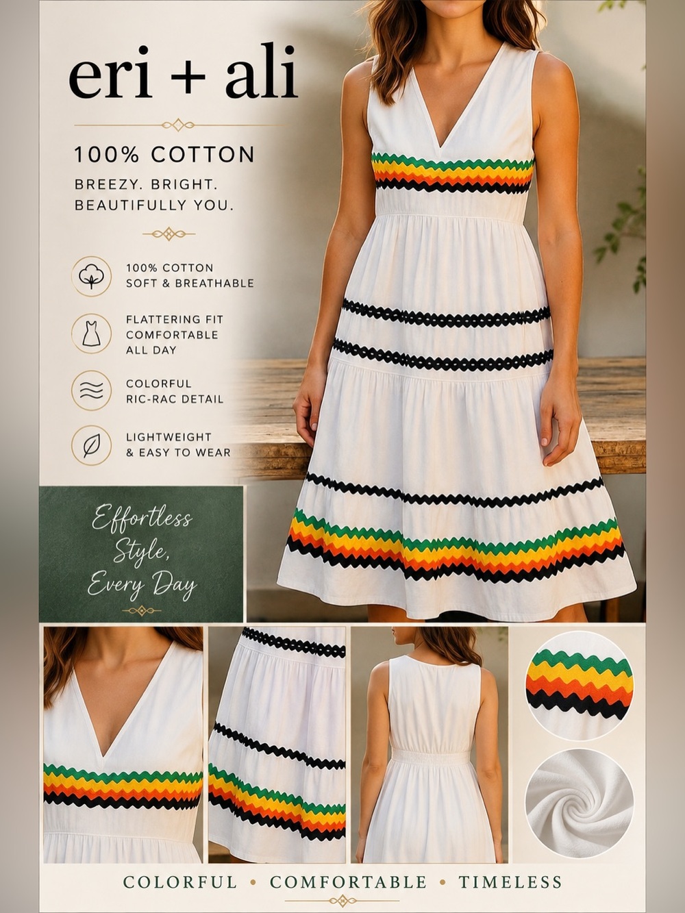 Eri + Ali Anthropologie Lunedi White 100% Cotton Ric Rac Tiered Sleeveless Dress